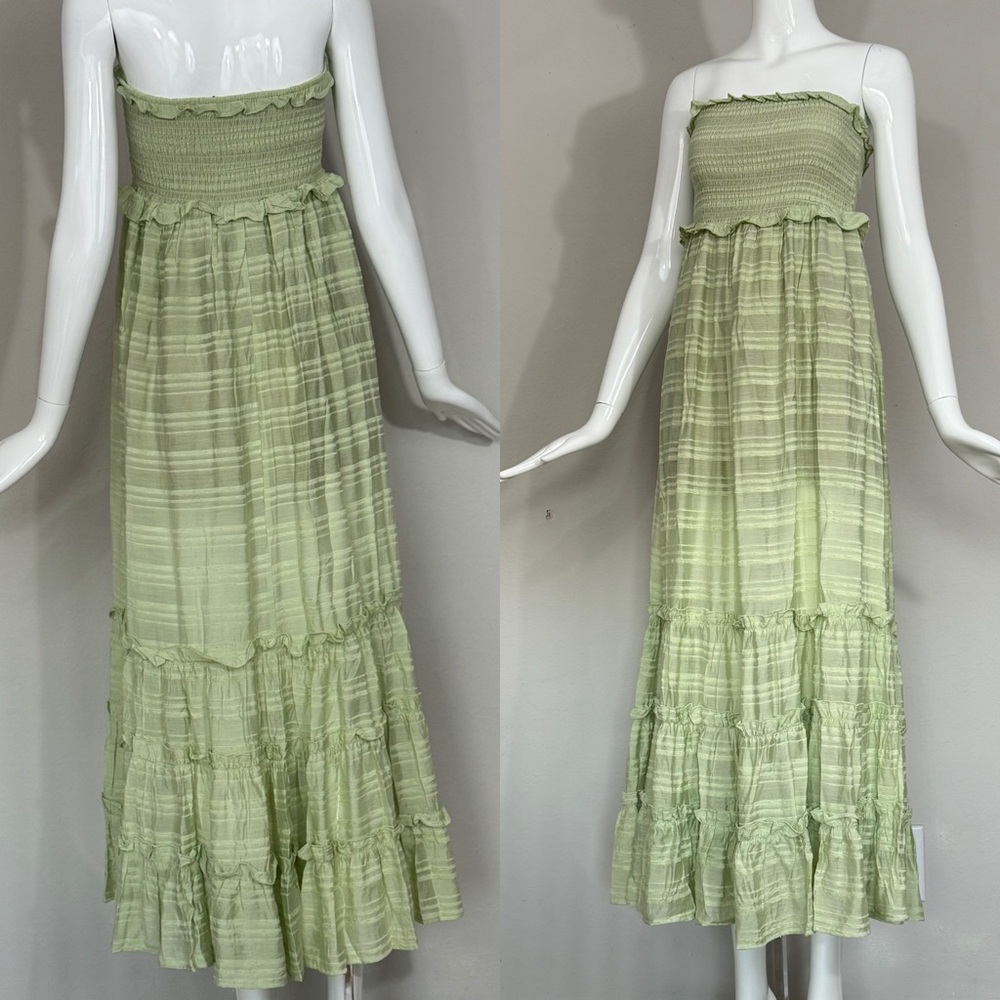 NWT Strut & Bolt Strapless Smocked Tiered Ruffle Maxi Dress Pastel Green Medium